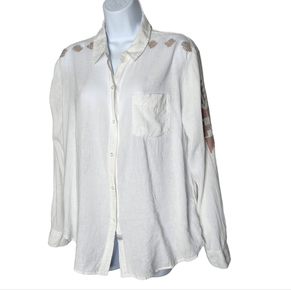 Rails Charli Embroidered Linen Blend Button Up Shirt Long Sleeve White Sz Large - Picture 5 of 12